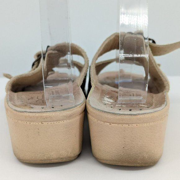 Fly Flot Slides 37 5.5 Tan Leather Two Strap Buckle Open Toe Italy Made Comfort - Picture 9 of 14
